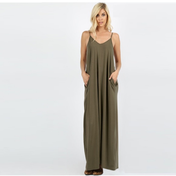 Olive Pocket V-Neck Tank Maxi Dress - Picture 3 of 9